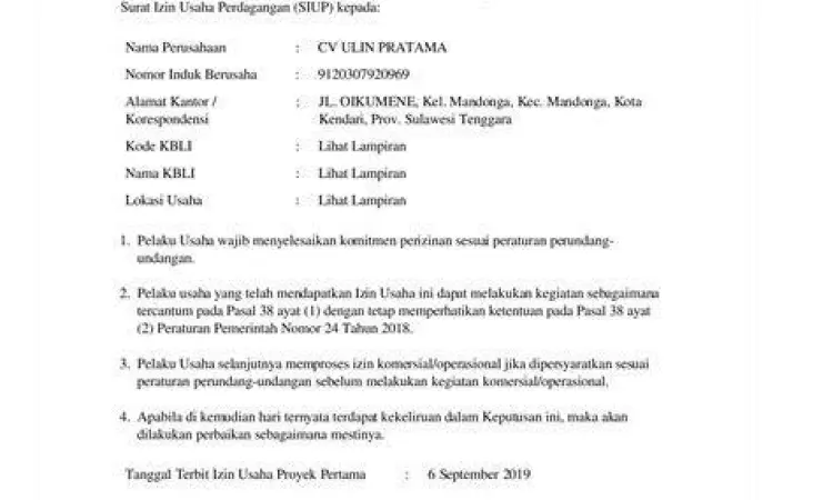 format surat izin usaha
