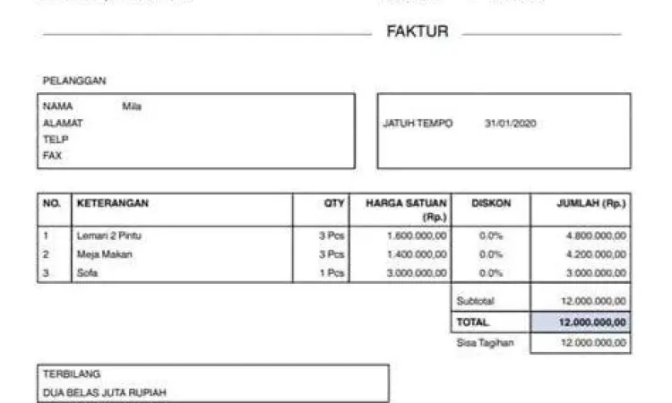 komponen faktur penjualan