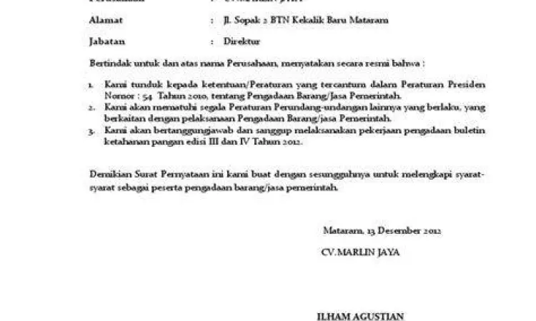 struktur surat pernyataan perusahaan