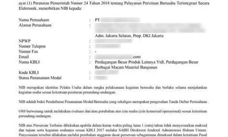 Contoh Nomor Perusahaan NIB