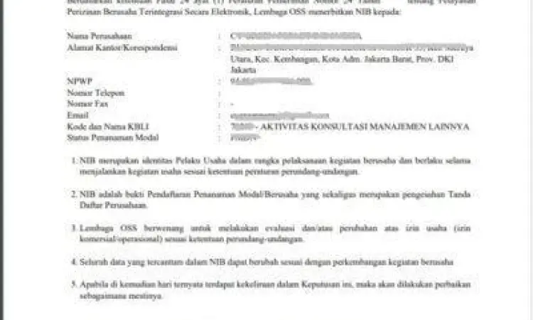 NIB Indonesia contoh nomor izin usaha