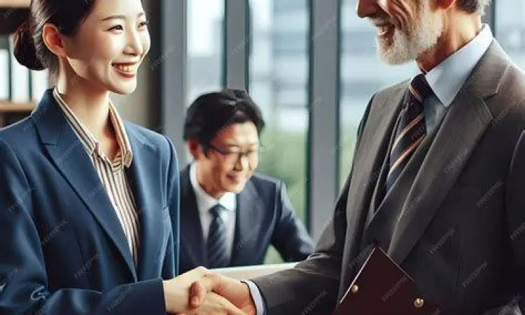 Dua orang bersalaman secara profesional di kantor