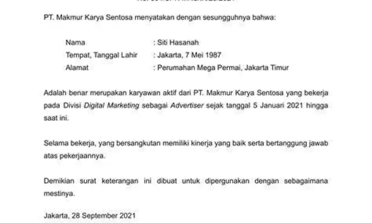 Format Surat Keterangan Kerja Format standar surat keterangan kerja perusahaan