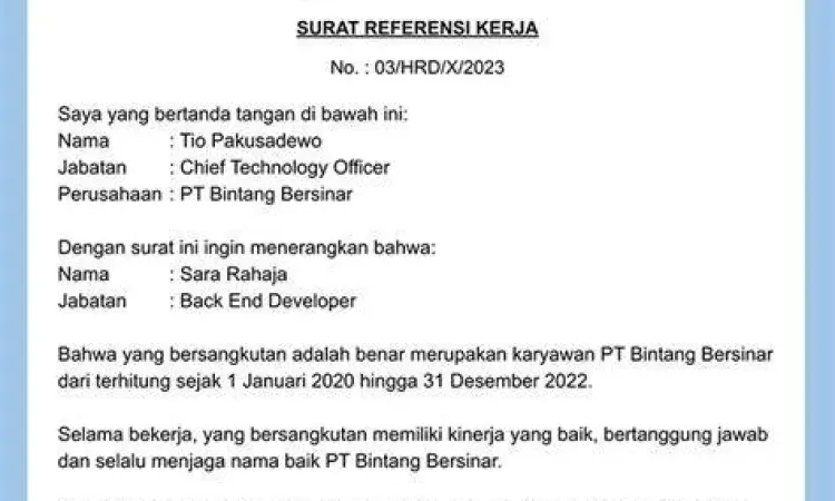Contoh surat referensi kerja dalam Bahasa Inggris