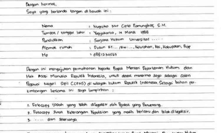 Layout surat lamaran kerja tulis tangan yang rapi