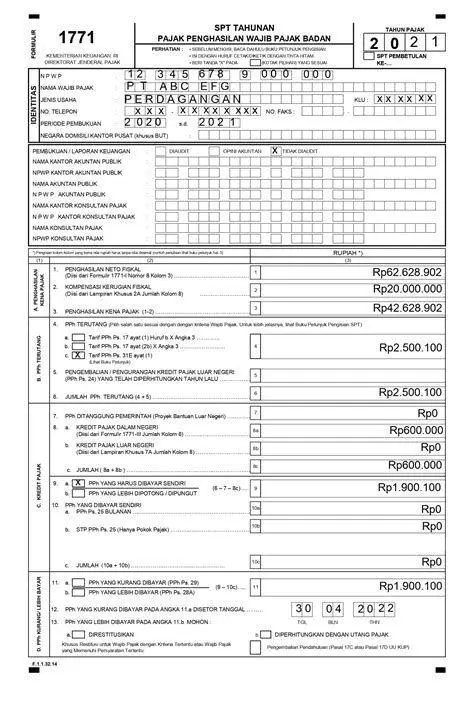 Formulir 1771 SPT Tahunan Contoh Formulir 1771 untuk laporan pajak perusahaan
