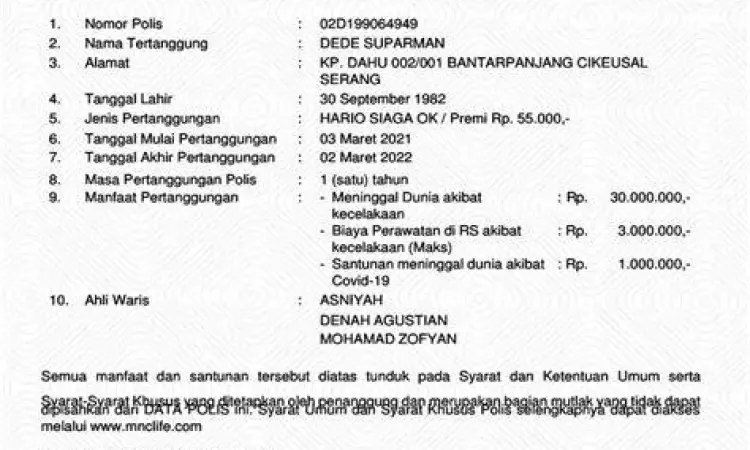 Dokumen polis asuransi resmi OJK