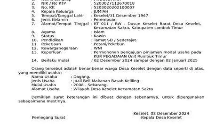 Contoh fisik surat keterangan usaha dari desa