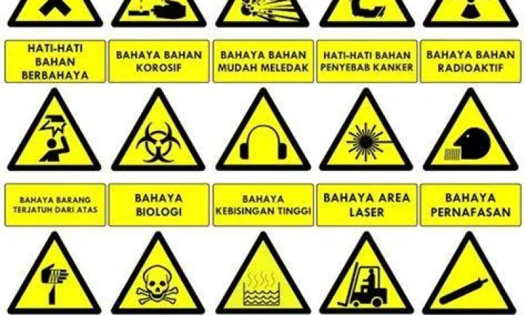 Rambu Peringatan K3 Berbagai simbol peringatan bahaya K3 di dinding pabrik