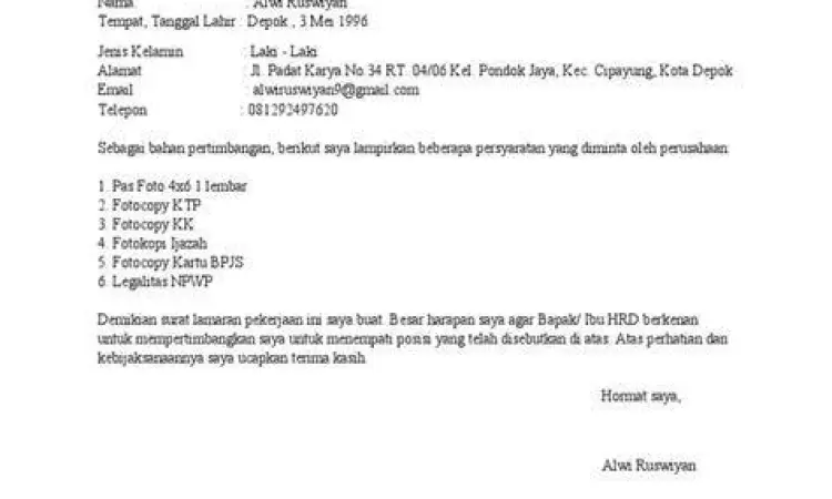 Contoh surat lamaran kerja untuk posisi staf administrasi