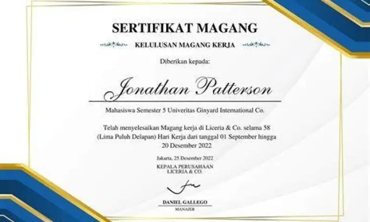 Contoh Sertifikat PKL Profesional Desain sertifikat magang perusahaan profesional