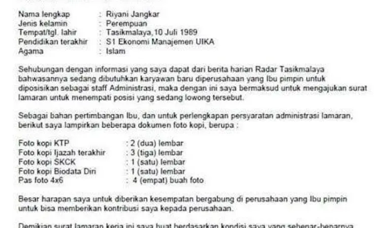 Contoh surat lamaran kerja admin