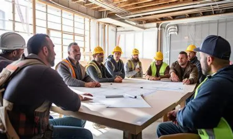Pertemuan koordinasi K3 di area konstruksi