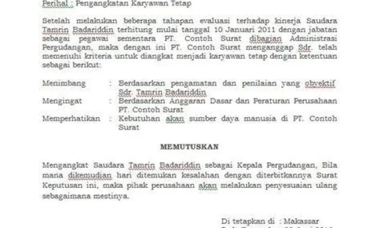 Format standar surat keputusan pengangkatan karyawan