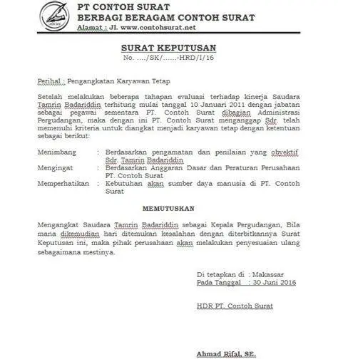Format SK Karyawan Tetap Format standar surat keputusan pengangkatan karyawan