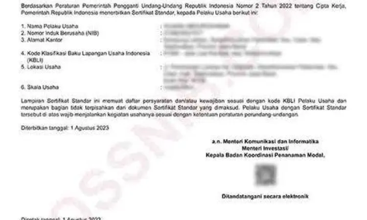 Contoh sertifikat NIB dari sistem OSS RBA