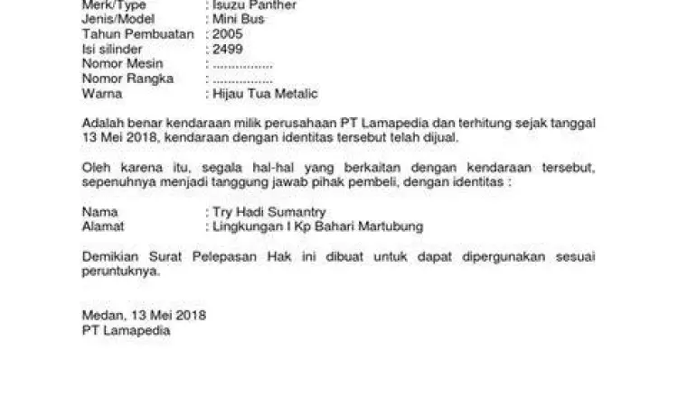Draft surat pelepasan hak kendaraan perusahaan