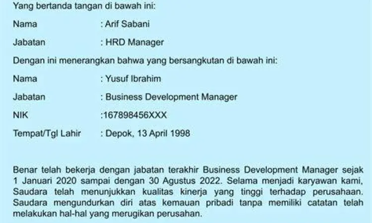 Format standar surat keterangan kerja paklaring
