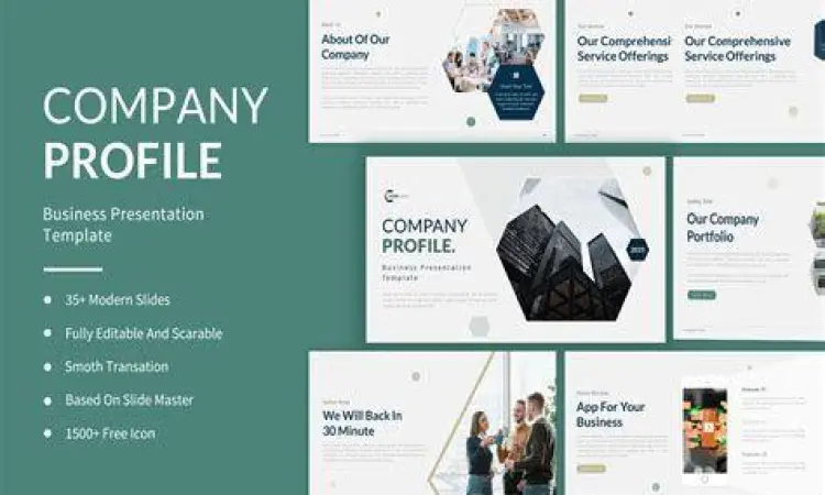 Desain slide profil perusahaan dengan layout minimalis dan modern