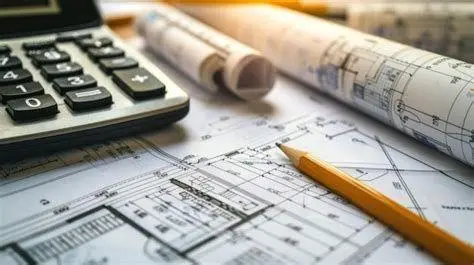 Estimasi Biaya Kontraktor Estimator sedang menghitung volume material pada blueprint