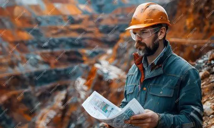 Engineer tambang sedang menganalisis peta di lapangan