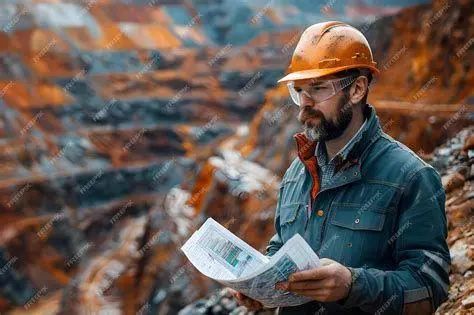 Profesi Engineer Pertambangan Engineer tambang sedang menganalisis peta di lapangan
