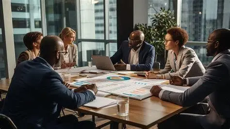 Rapat Strategi Perusahaan Pertemuan strategis perusahaan membahas visi dan motto