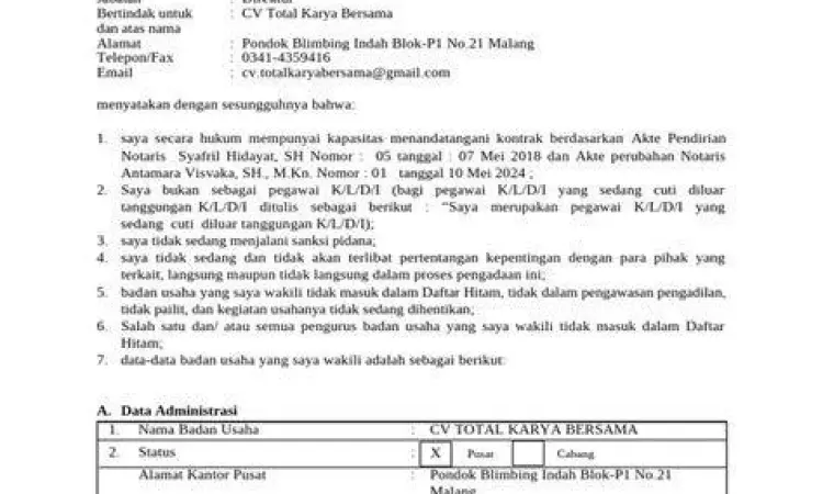 Formulir isian data untuk pembuatan akta usaha dagang