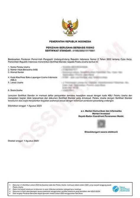 Sertifikat NIB Pelaku Usaha Contoh sertifikat NIB dari sistem OSS RBA