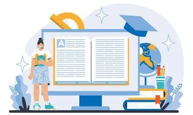 Jasa Pendidikan Online Seorang pengajar sedang melakukan sesi kelas online melalui laptop