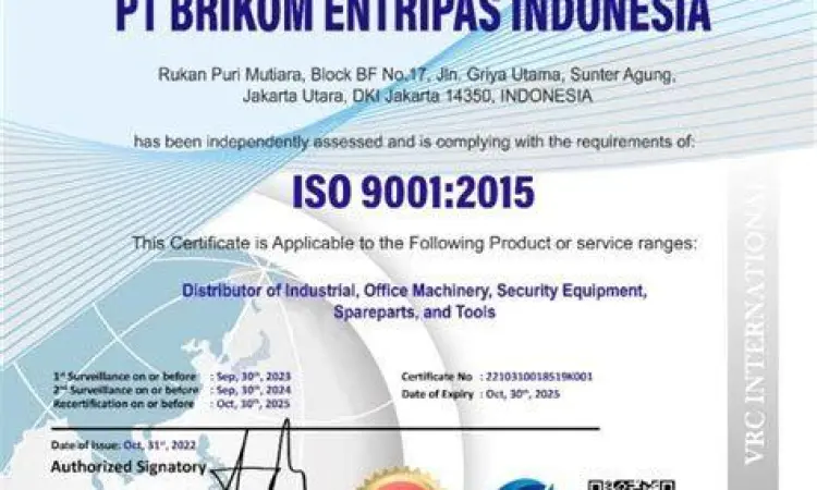 Contoh sertifikat perusahaan ISO 9001 untuk manajemen mutu