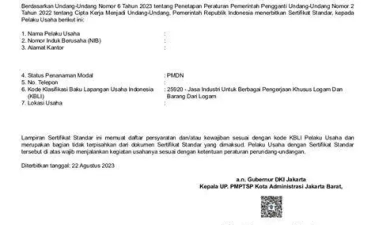 Contoh sertifikat standar usaha dari sistem OSS RBA