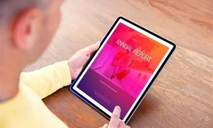 Digitalisasi Laporan Tahunan Tampilan digital annual report pada perangkat tablet