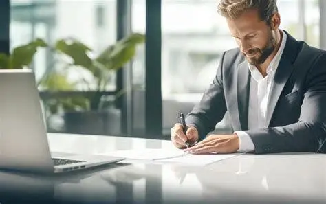 Penulisan Bisnis Profesional Seseorang sedang menulis strategi bisnis di laptop